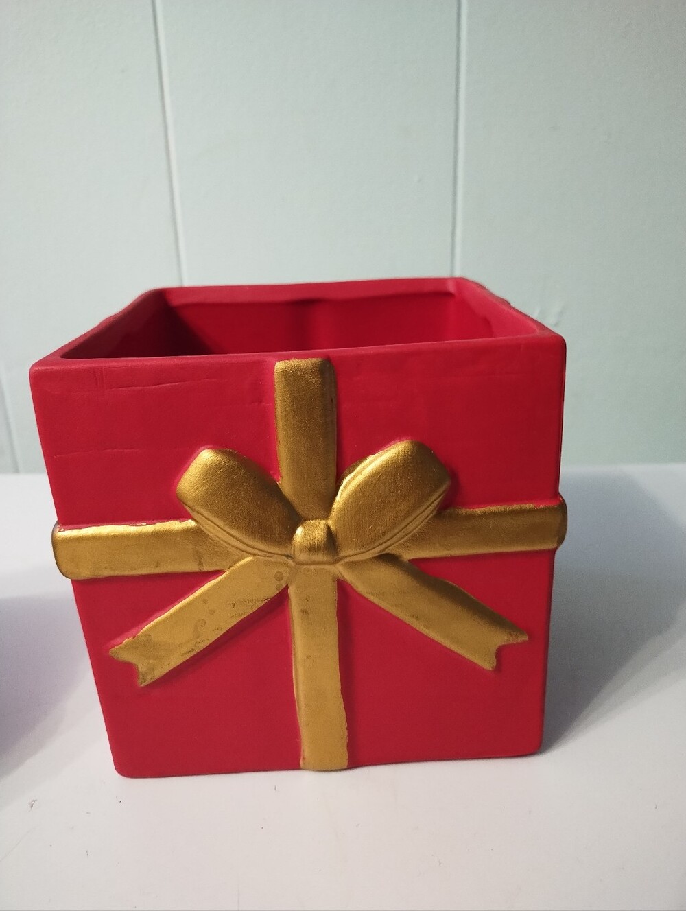 Red Gift Box Ceramic Planter with Gold Bow